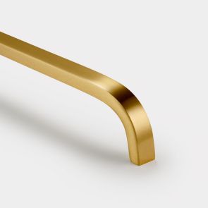 96mm Hole centre modern brass gold curved bar handle. Suitable for all cabinets. Available in 5 different sizes.