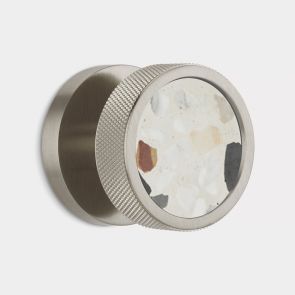 Brass & White Fleck Terrazzo Knurled Mortice Door Knob in Silver