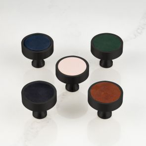 Leather & Brass Round Door Knobs in Black
