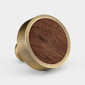 Brass & Walnut Wood Round Door Knobs in Antique Gold