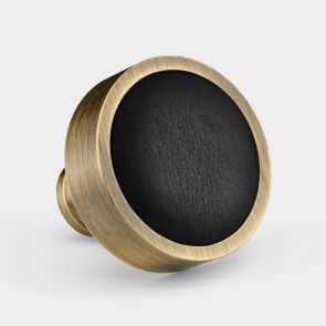 Brass & Black Leather Round Door Knobs in Antique Gold