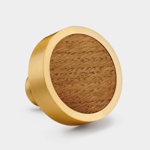 Brass & Oak Wood Round Door Knobs in Gold