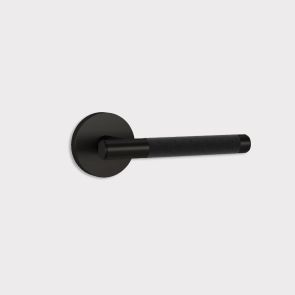 Brass Lever Door Handle in Black & Black Leather