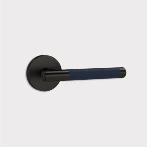 Brass Lever Door Handle in Black & Blue Leather