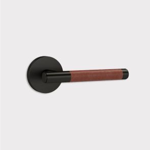 Brass Lever Door Handle in Black & Brown Leather