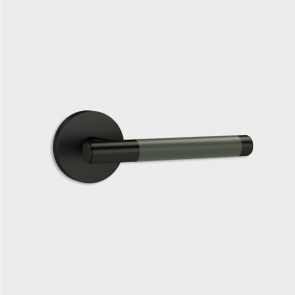 Brass Lever Door Handle in Black & Green Leather