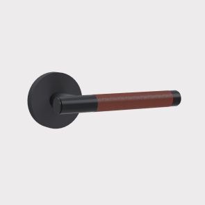 Brass Door Lever Handle - Black - Brown Leather