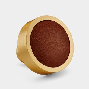 Brass & Brown Leather Round Door Knobs in Gold