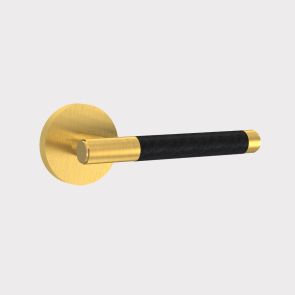  Brass Door Lever Handle - Gold - Black Leather