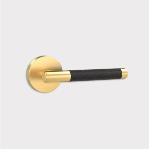 Brass Lever Door Handle in Gold & Black Leather