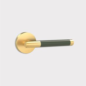 Brass Lever Door Handle in Gold & Green Leather