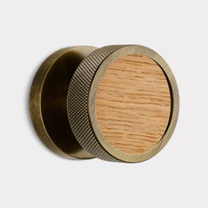 Brass &  Oak Wood Knurled Mortice Door Knob in Antique Gold