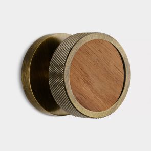 Brass & Walnut Wood Knurled Mortice Door Knob in Antique Gold