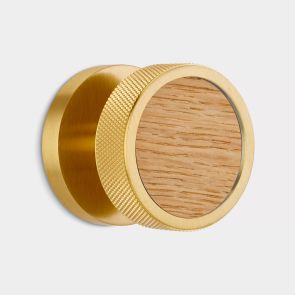 Brass & Oak Wood Knurled Mortice Door Knob in Gold