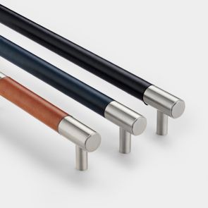 Brass & Leather Cabinet Handles in Silver