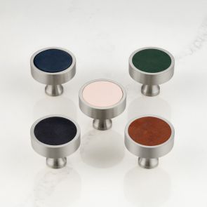 Brass &  Pink Leather Round Door Knobs in Silver