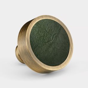 Brass & Green Leather Round Door Knobs in Antique Gold