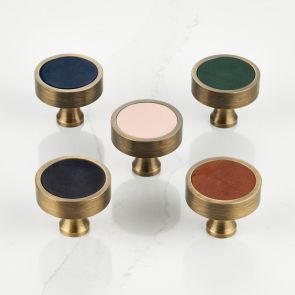 Leather & Brass Round Door Knobs in Antique Gold