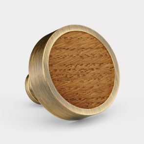 Brass & Oak Wood Round Door Knobs in Antique Gold
