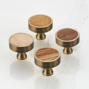 Wood & Brass Round Door Knobs in Antique Gold