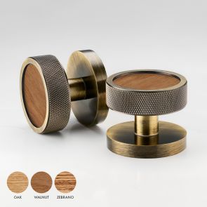 Brass & Wood Knurled Mortice Door Knobs in Antique Gold