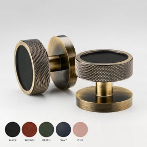Brass & Leather Knurled Mortice Door Knobs in Antique Gold
