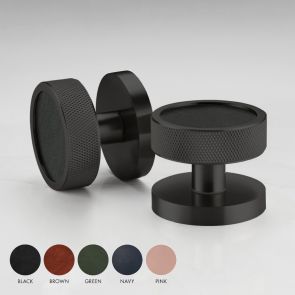 Brass & Leather Knurled Mortice Door Knobs in Black