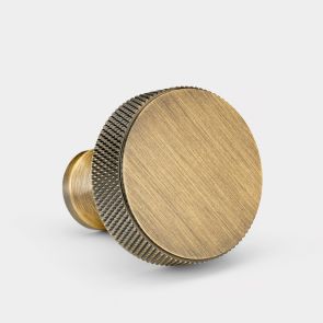 Solid Brass Round Door Knobs in Antique Gold - Knurled