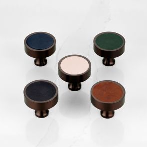 Leather & Brass Round Door Knobs in Bronze