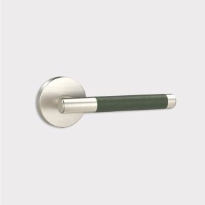 Brass Lever Door Handle in Silver & Green Leather
