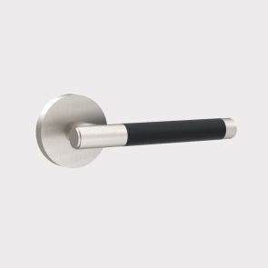 Brass Door Lever Handle - Silver - Black Leather