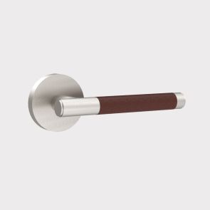 Brass Door Lever Handle - Silver - Brown Leather