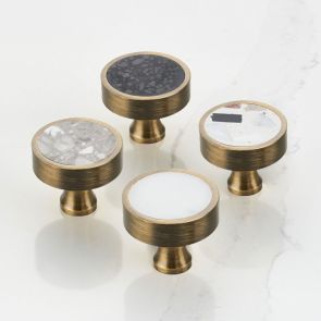 Brass & Terrazzo Round Door Knobs in Antique Gold