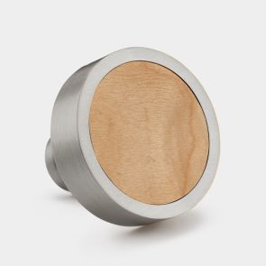 Brass & Maple Wood Round Door Knobs in Silver