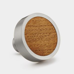 Brass & Oak Wood Round Door Knobs in Silver