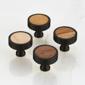 Wood & Brass Round Door Knobs in Black